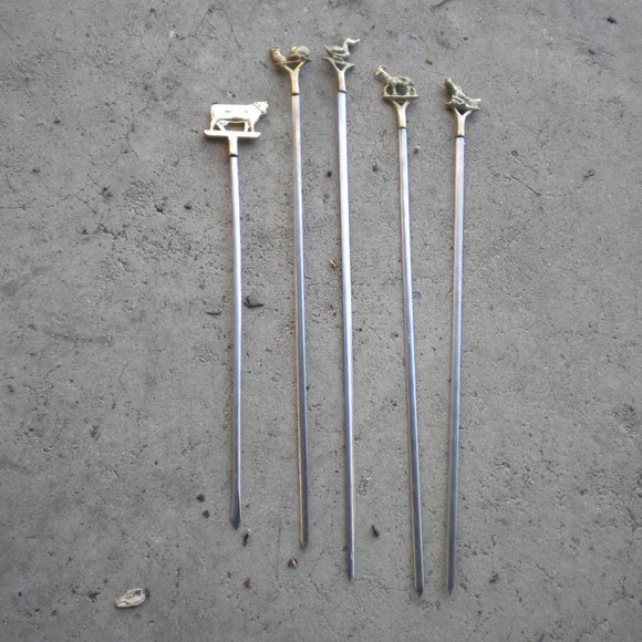 VINTAGE LOT OF 4 TURKISH GREEK BRASS STAINLESS INOXIDABLE SKEWERS SHISH KABOB